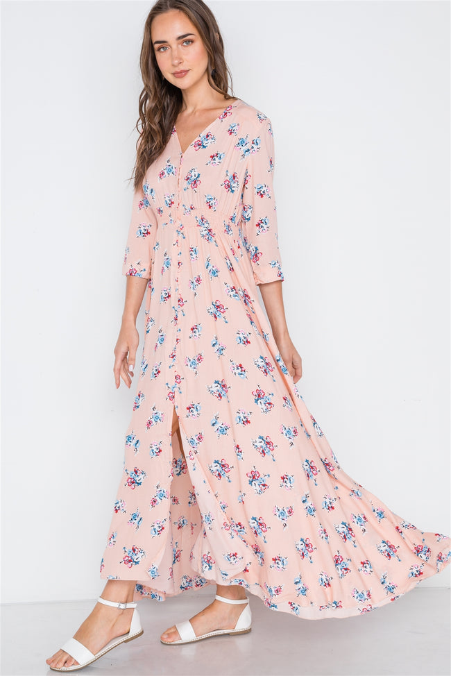Pink Floral Button Down 3/4 Sleeve Maxi Dress