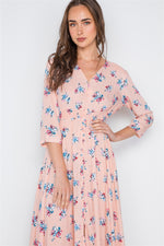 Pink Floral Button Down 3/4 Sleeve Maxi Dress