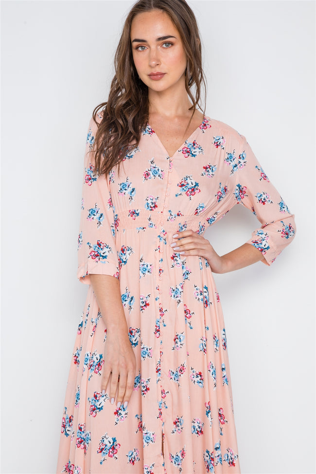 Pink Floral Button Down 3/4 Sleeve Maxi Dress