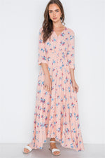 Pink Floral Button Down 3/4 Sleeve Maxi Dress