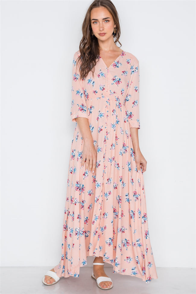 Pink Floral Button Down 3/4 Sleeve Maxi Dress
