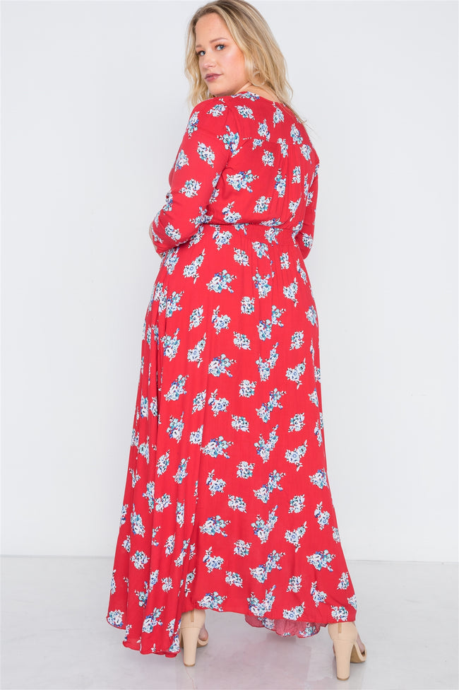 Plus Size Red Floral Button Down Maxi Dress