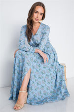 Light Blue Floral Button Down Long Sleeve Maxi Dress