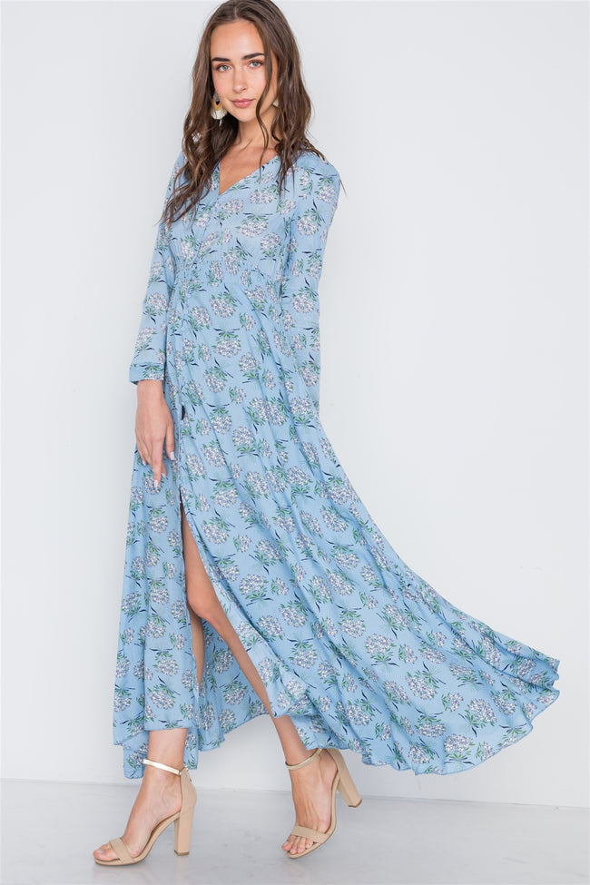 Light Blue Floral Button Down Long Sleeve Maxi Dress