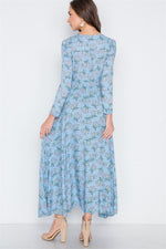 Light Blue Floral Button Down Long Sleeve Maxi Dress