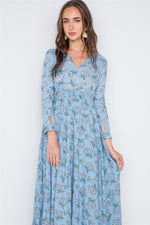 Light Blue Floral Button Down Long Sleeve Maxi Dress