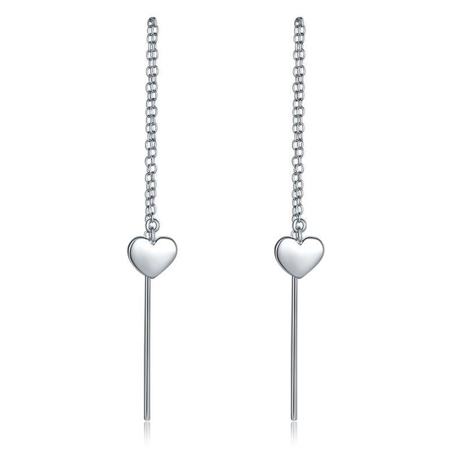 Dangle Drop Heart 925 Sterling Silver Earrings One line Long Elegant XFE8140