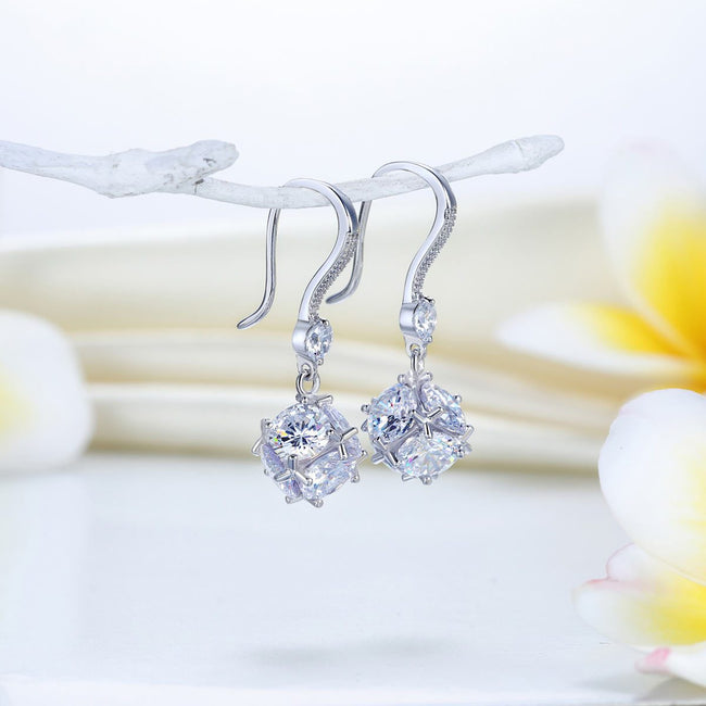 Solid 925 Sterling Silver Earrings Cube Created Diamond Fashion Bridal Bridesmaid