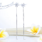 Long Elegant Solid 925 Sterling Silver Earrings Flowers Simulated Diamonds