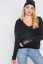 Black Knit Distressed Hooded Button-Front Sweater - Medium