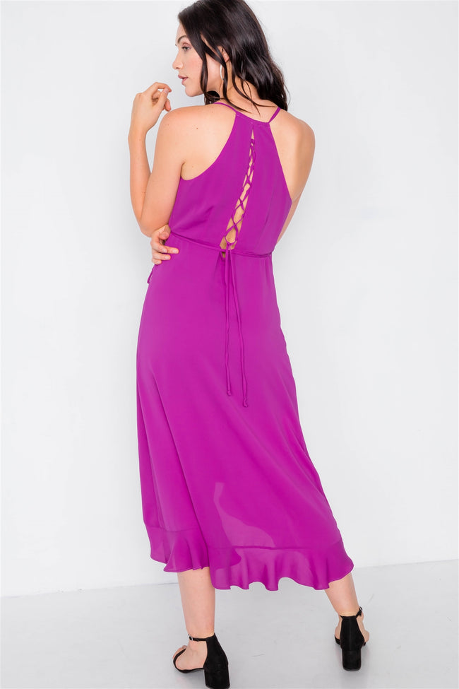 Magenta Flounce Cami Solid Midi Wrap Dress