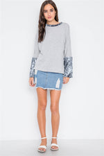 Grey Combo Velvet Bell Sleeves Sweater