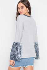 Grey Combo Velvet Bell Sleeves Sweater