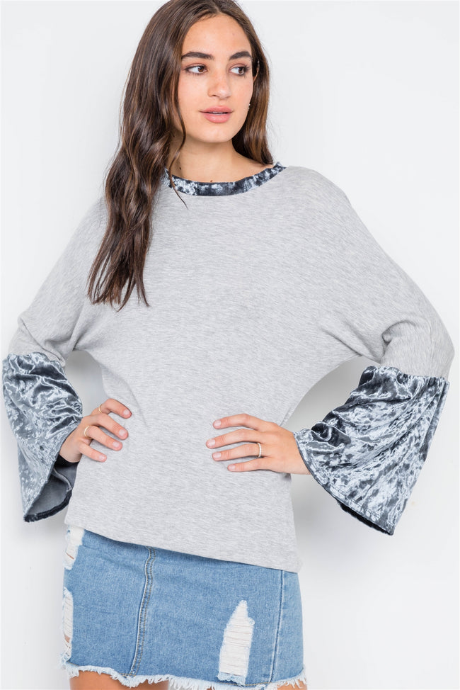 Grey Combo Velvet Bell Sleeves Sweater