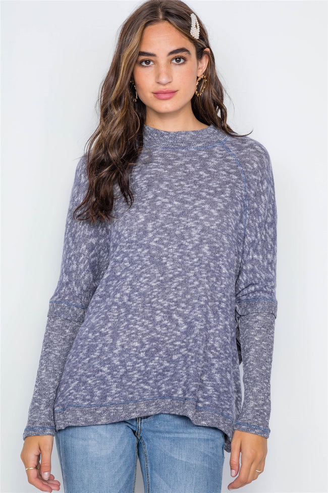 Navy Heathered Dolman Sleeves Knit Sweater Top