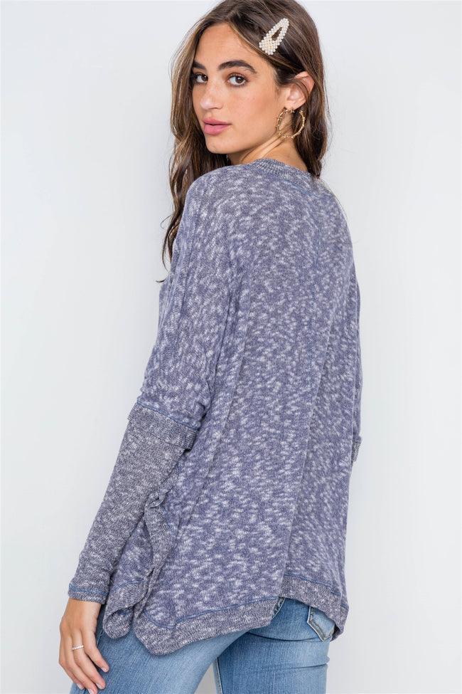 Navy Heathered Dolman Sleeves Knit Sweater Top