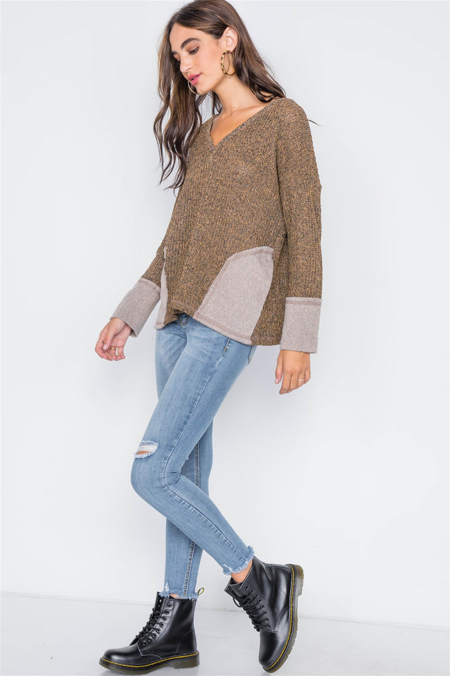 Leaf V-Neck Knit Long Sleeve Sweater