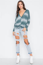 Green Deep V-Neck Front-Twist Sweater