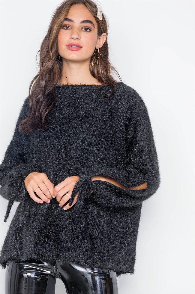 Black Fuzzy Slit Sleeves Casual Soft Sweater