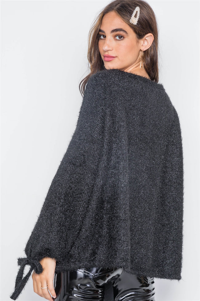 Black Fuzzy Slit Sleeves Casual Soft Sweater