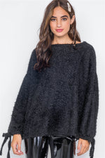 Black Fuzzy Slit Sleeves Casual Soft Sweater