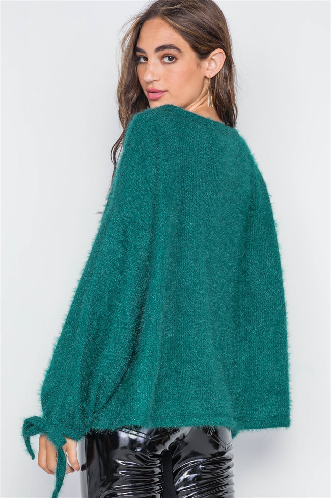 Teal Fuzzy Slit Sleeves Casual Soft Sweater