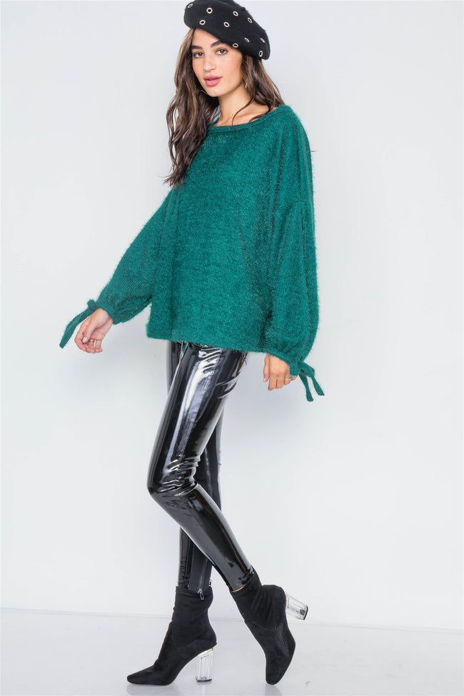 Teal Fuzzy Slit Sleeves Casual Soft Sweater