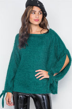 Teal Fuzzy Slit Sleeves Casual Soft Sweater