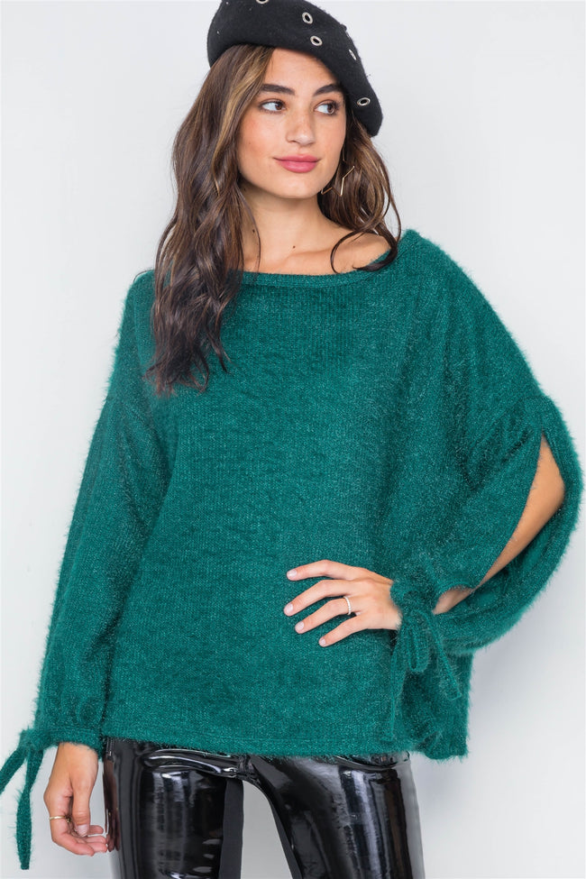 Teal Fuzzy Slit Sleeves Casual Soft Sweater