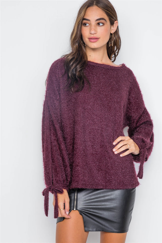 Violet Fuzzy Slit Sleeves Casual Soft Sweater