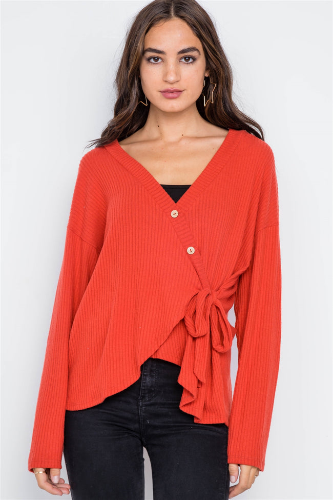 Orange Red Front-Tie Ribbed Surplice Neck Sweater