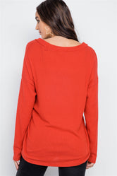 Orange Red Front-Tie Ribbed Surplice Neck Sweater