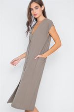 Field Grey Button Down Sleeveless Midi Dress