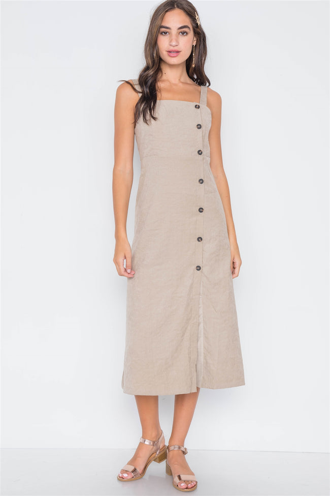 Sand Crushed Button-Front Midi Dress