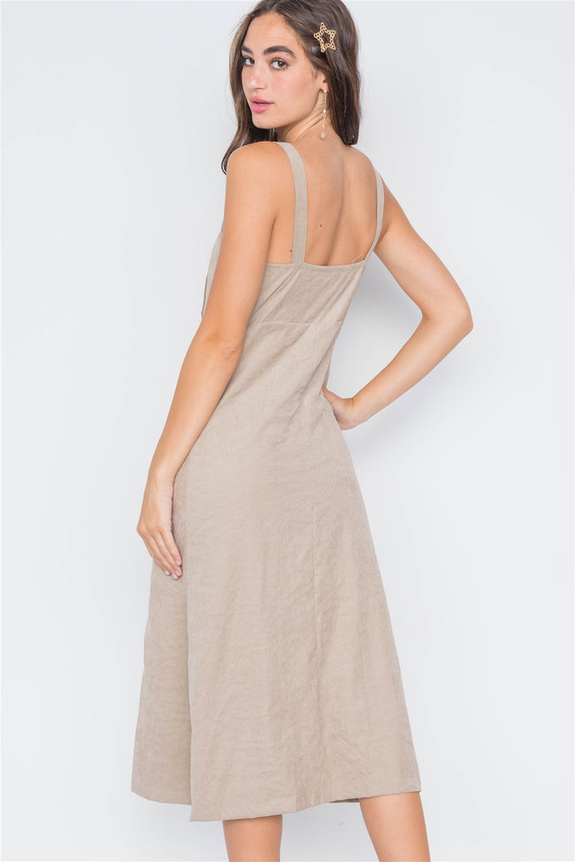 Sand Crushed Button-Front Midi Dress