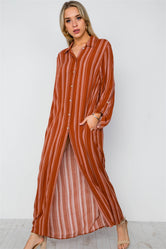 Rust Stripe Long Sleeve Button Down Shirt Dress