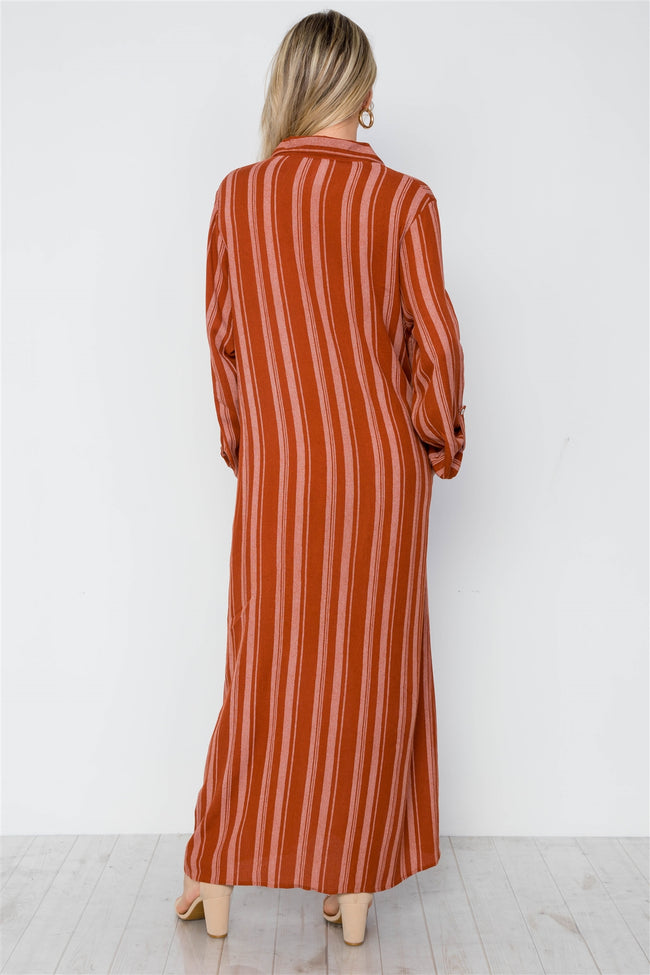 Rust Stripe Long Sleeve Button Down Shirt Dress