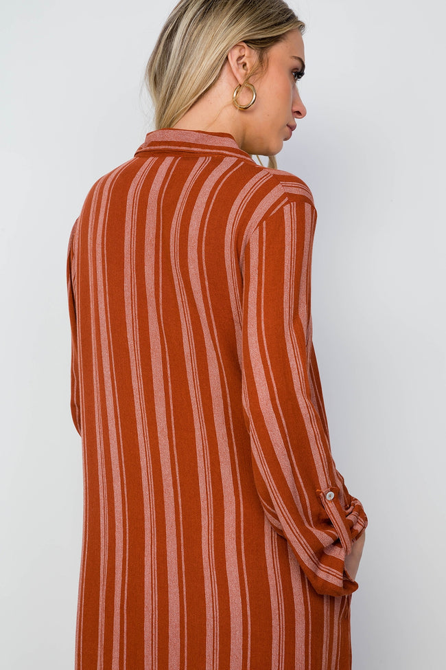 Rust Stripe Long Sleeve Button Down Shirt Dress