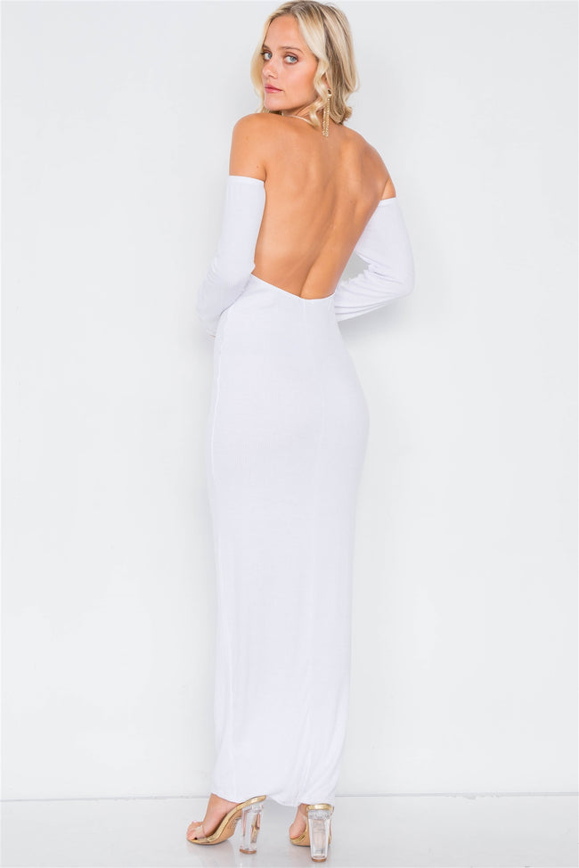 White Open-Back Ribbed Black Maxi Dress