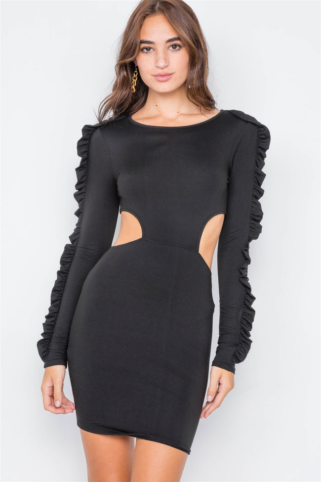Solid Black Cut-Out Flounce Sleeve Trim Mini Dress
