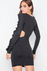 Solid Black Cut-Out Flounce Sleeve Trim Mini Dress