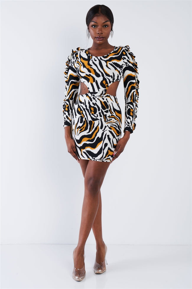 Yellow Zebra Cut-Out Flounce Sleeve Trim Mini Dress