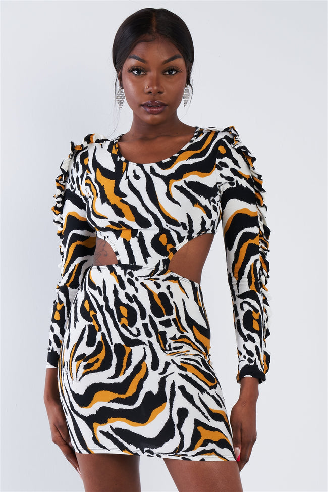 Yellow Zebra Cut-Out Flounce Sleeve Trim Mini Dress