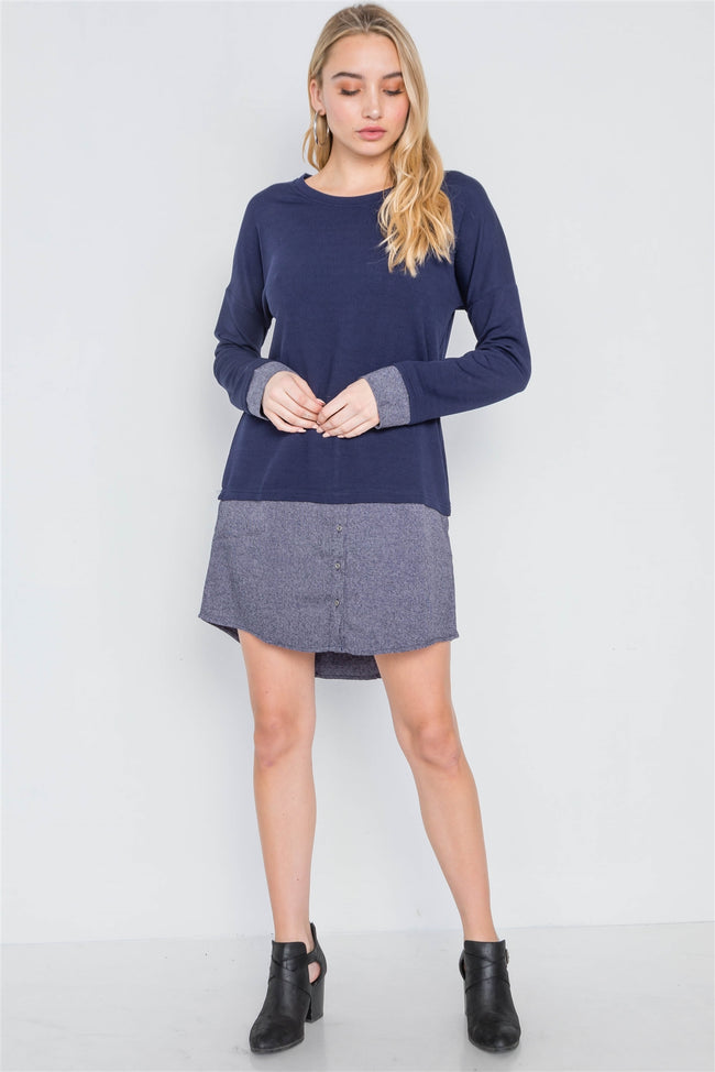 Navy Knit Combo Long Sleeve Sweater Dress