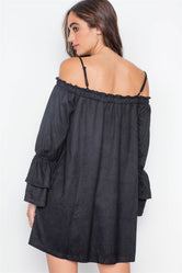 Black Faux Suede Off-The-Shoulders Mini Dress