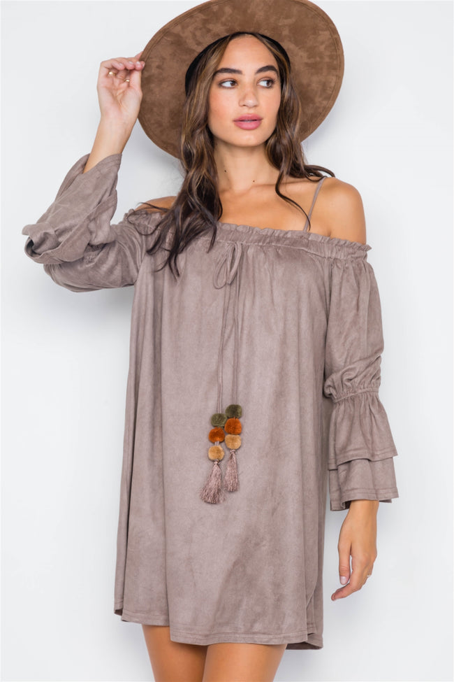 Grey Taupe Faux Suede Off-The-Shoulders Mini Dress
