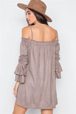 Grey Taupe Faux Suede Off-The-Shoulders Mini Dress