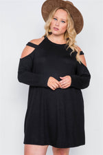 Plus Size Black Knit Strap Shoulder Long Sleeve Dress