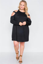 Plus Size Black Knit Strap Shoulder Long Sleeve Dress