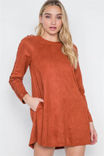 Brick Faux Suede Strap Sleeves Mini Shirt Dress